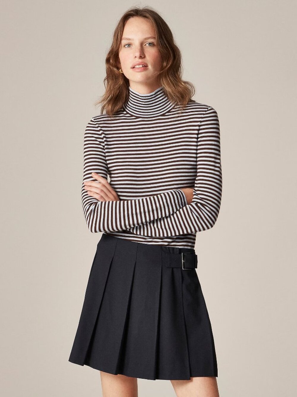 Size M J.Crew Carolyn turtleneck sweater in brown and light blue striped merino